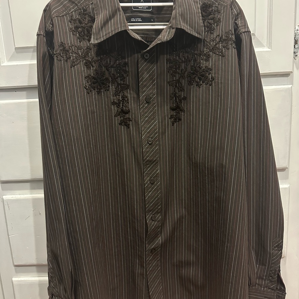 Mark Ecko Men's Brown Striped Shirt with Embroidery long sleeved L cotton